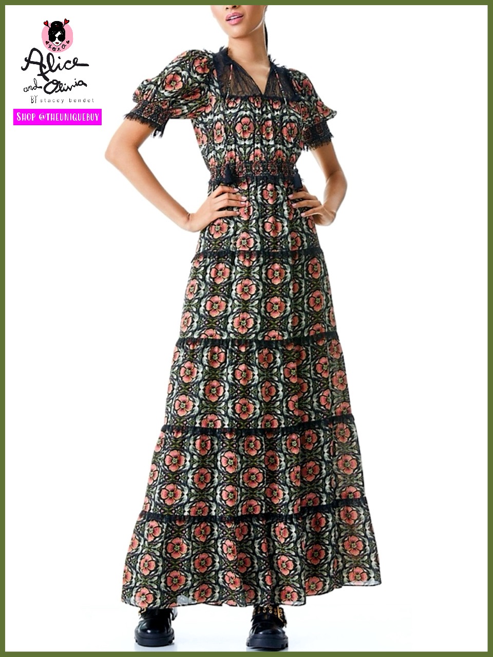 Alice + Olivia Lynley Floral Puff Sleeve Lace Maxi Dress